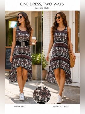 Magazine Asymmetrical High-Low Sleeveless Dress Boho Print Sz L